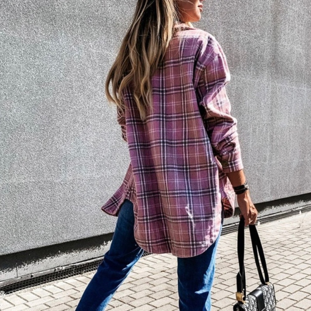 New Plaid Stripe Pink Flannel Shirt Jacket Shacket - Picture 6 of 8